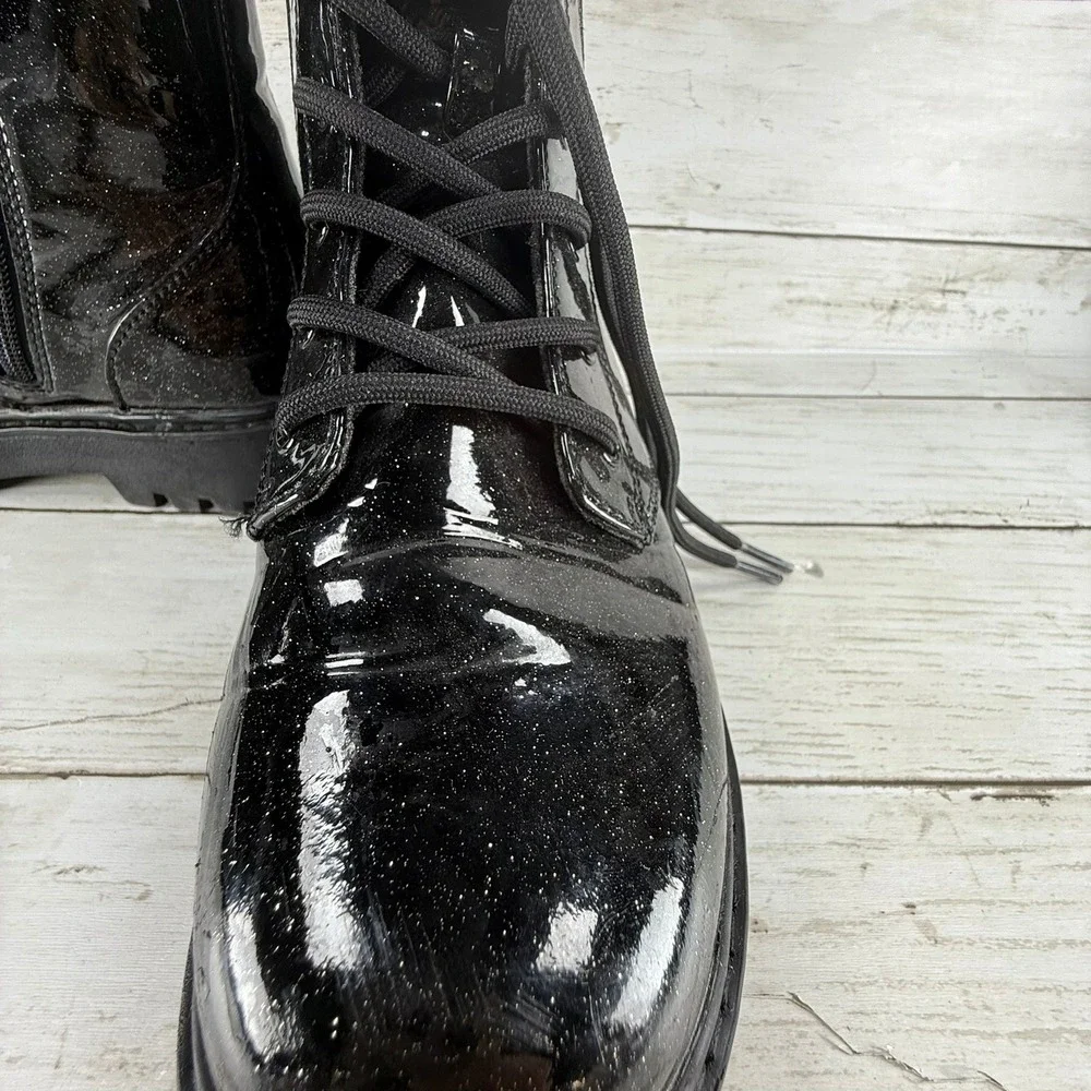 Kids Black Glitter‎ Patent Combat Boots Side Zip Lug Sole Size 4